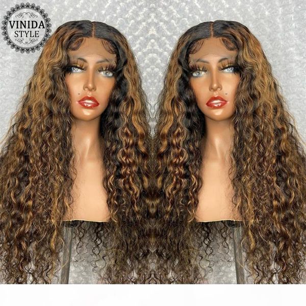 

vinida style highlight curly t-part lace front human hair wigs scalp closure wigs 150% density with baby hair non-remy, Black;brown