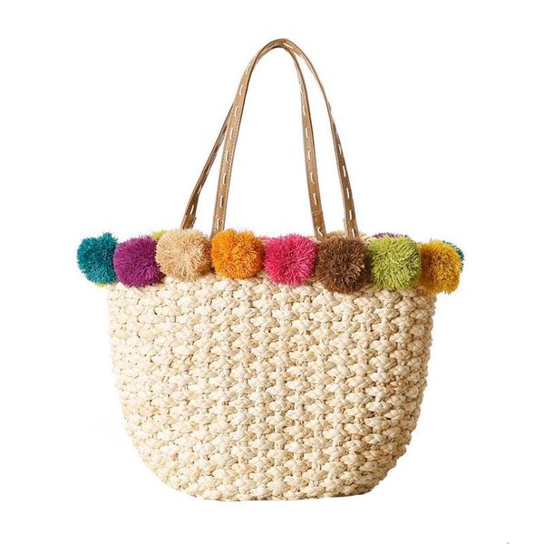 

women handbag bohemian summer beach straw bags female shoulder bag lady vintage rattan handmade weave bag pompom tote ss3116