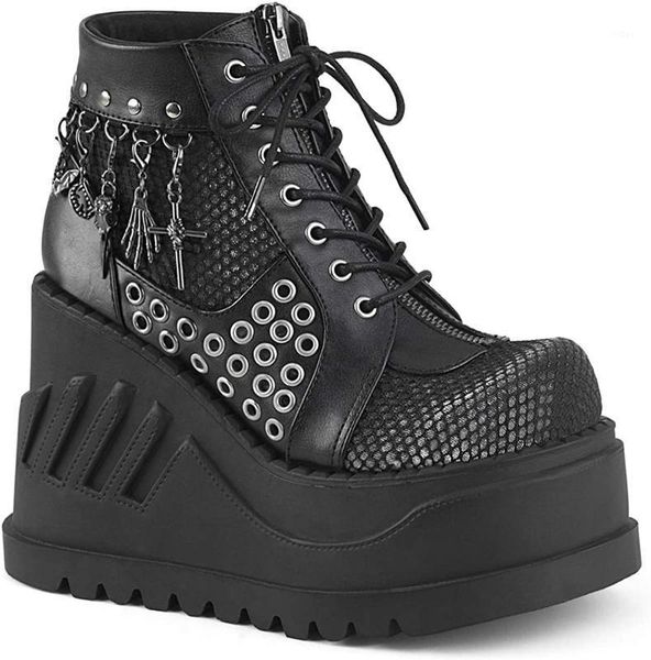 

boots winter women platform fashion thick bottom ankle wedges shoes for woman lace up tassel botas mujer1, Black