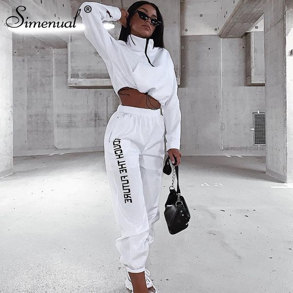 

simenual letter print casual workout two piece women fashion zipper long sleeve outfits sporty active wear and pants set y200701, White