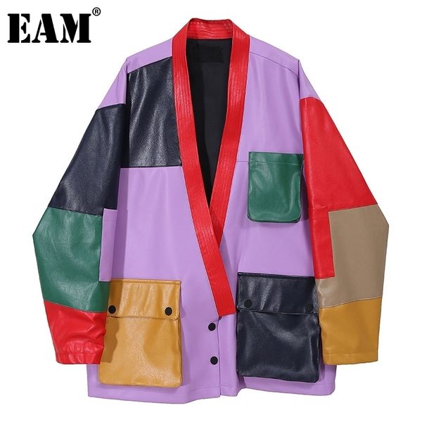

[eam] loose fit pu leather split big size jacket new v-collar long sleeve women coat fashion tide spring autumn 1dd0176 201029, Black;brown
