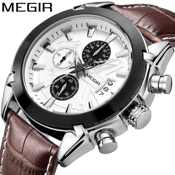

megger megir multi function men's watch leisure fashion quartz waterproof leather men's watch 2020g, Slivery;brown