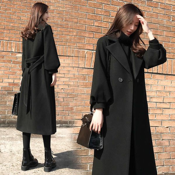 

12020 popular hepburn style black women's winter show thin loose nizi medium length over knee woolen coat18uy