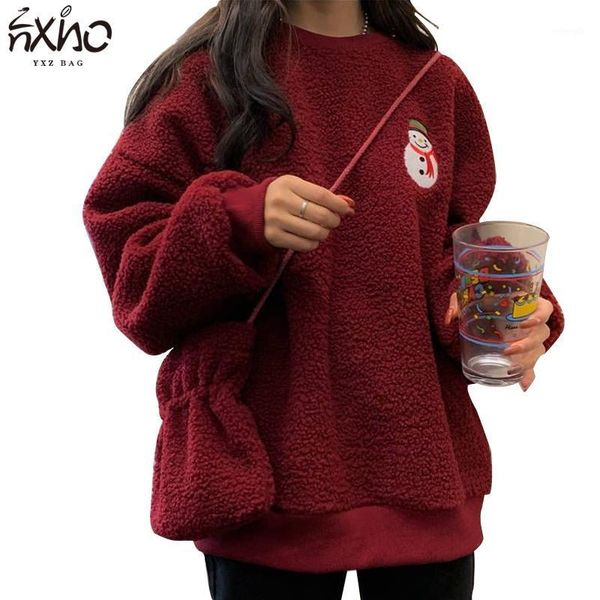 

christmas cute women wool thick long-sleeves snowman christmas-tree embroidery girls casual o-neck pullover1, White;black