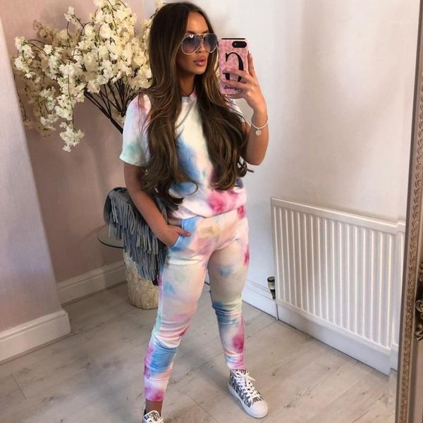 

2020 women fashion clothing sets short sleeve o neck and leggings 2 pieces set tie dye casual lady fashion women outfits1, White
