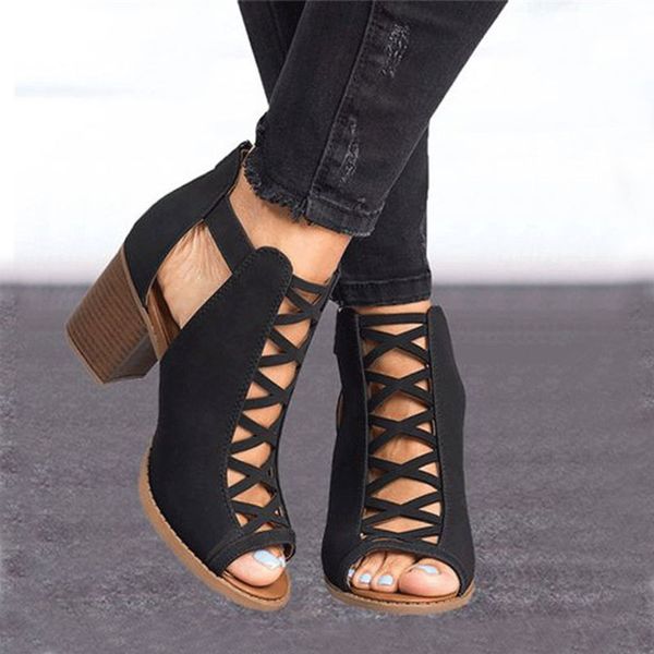 

women high heels fish mouth sandals female cover chunky heel gladiator sandals 2020 summer ladies shoes footwear plus size 43, Black