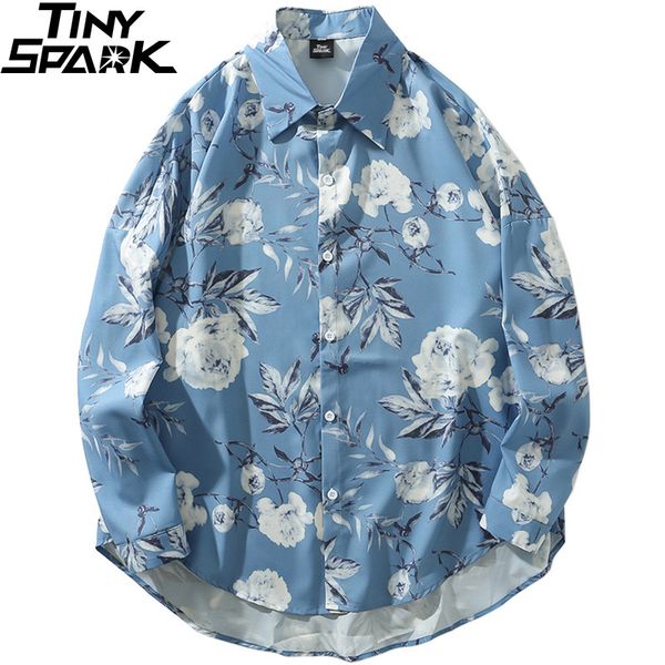 

hip hop shirt long sleeve oversized streetwear loose hawaiian floral autumn casual hiphop clothes kg-248, White;black