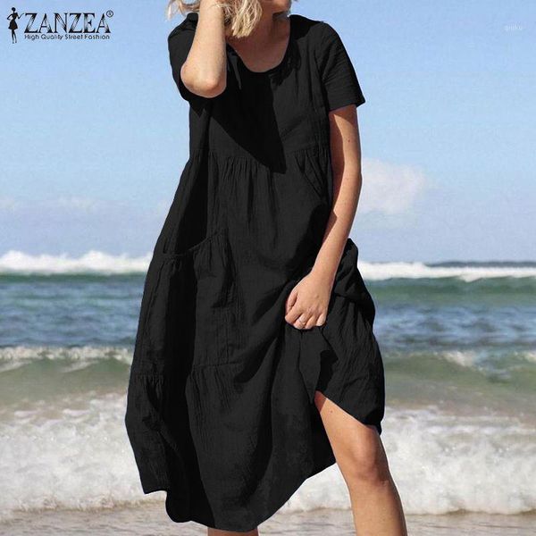 

zanzea fashion women summer short sleeve cotton linen dress casual o neck loose kaftan vestido tunic sundress robe femme dresses1, Black;gray