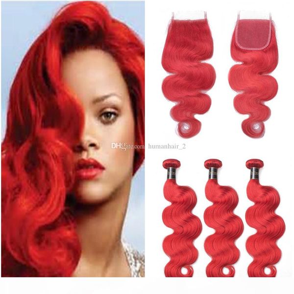

red human hair weaves with lace closure red 4*4 lace closure with body wave hair bundles virgin unprocess hair 4pcs lot, Black;brown