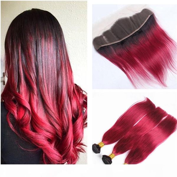 

red ombre human hair dark root peruvian virgin hair silky straight lace frontal with bundles two tone 1b red hair weft, Black;brown