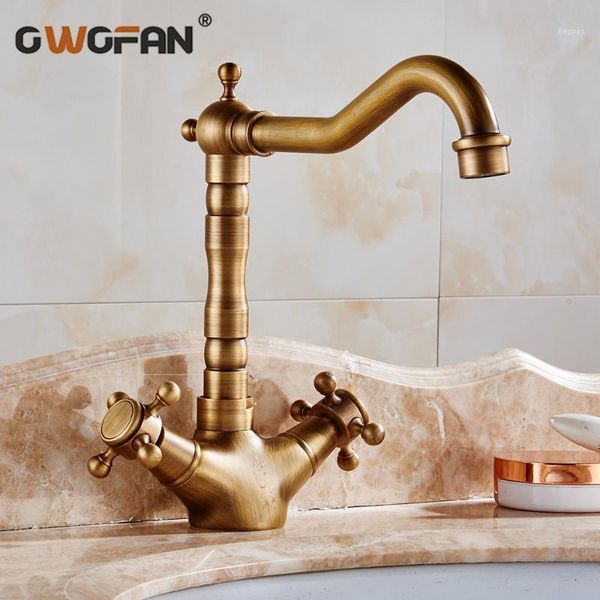 

antique solid bronze basin faucet bathroom deck mounted dual handle sink taps classic home decoration mixer water taps hj-6711f1