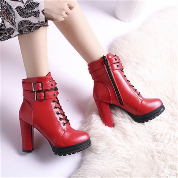 

new women 2021 in high heels lace up buckles short women's leather boots qjcb, Black