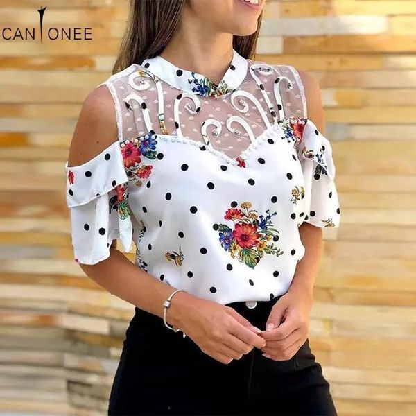 

cantonee blouses women 2020 summer stylish party wear female slim basic shirts off shoulder mesh dots floral print t641, White
