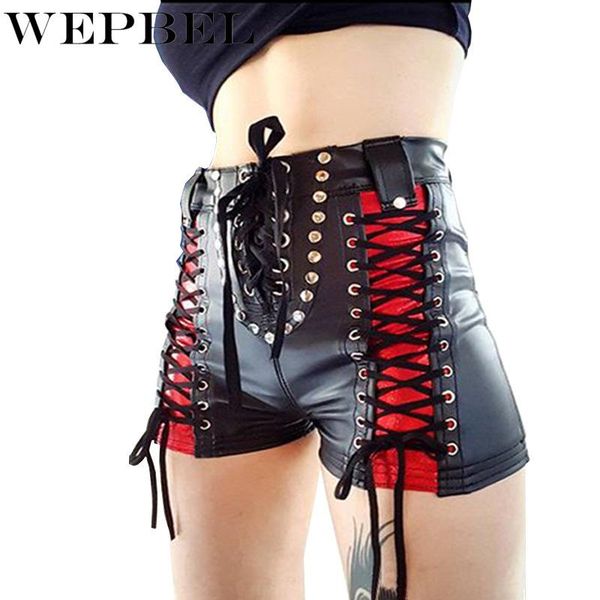 

wepbel patchwork high waist lace up summer short pants women pu leather shorts punk style mini shorts with rivet, White;black