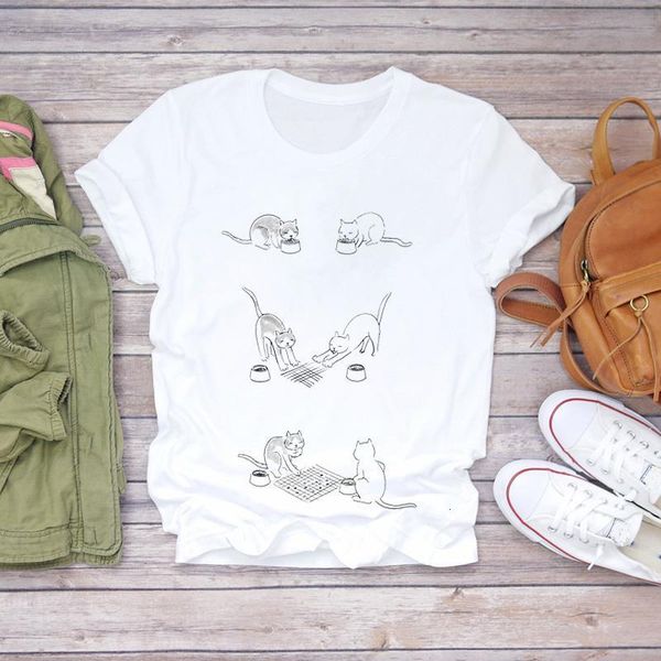 

women t-shirts funny cat play fashion short sleeve pet animal ladies print lady womens graphic t shirt female tee t-shirt, White
