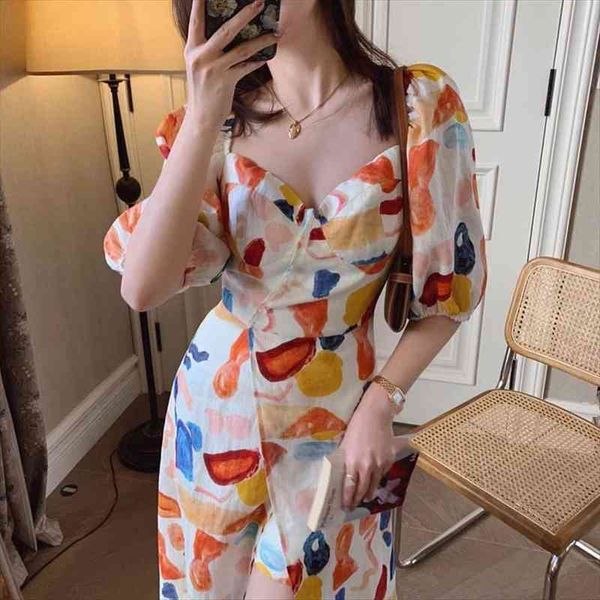 

summer elegant fashion split long dress women puff sleeve painting fashion v-neck beach party vestido, Black;gray