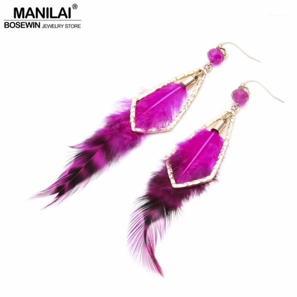 

manilai new bohemian 5 colors long feather earrings for women fashion metal feather dangle drop earrings party jewelry1, Silver