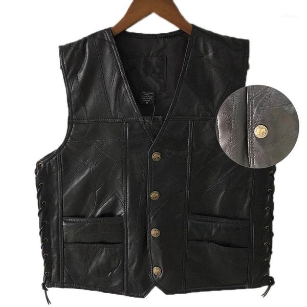 

black leather motorcycle vest for men genuine leather punk biker vest lace button autumn sleeveless jacket for men1, Black;white