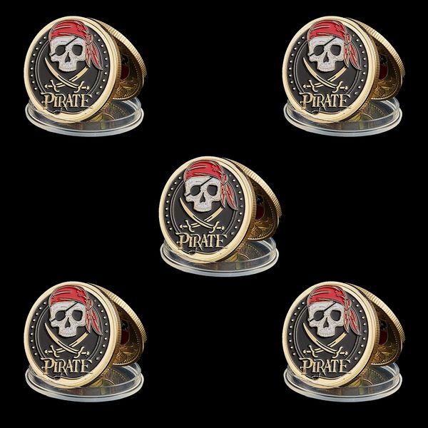 

5pcs/lot movie pirate skull gold plated aztec coin craft jack sparrow medallion skull medal collection badge gift