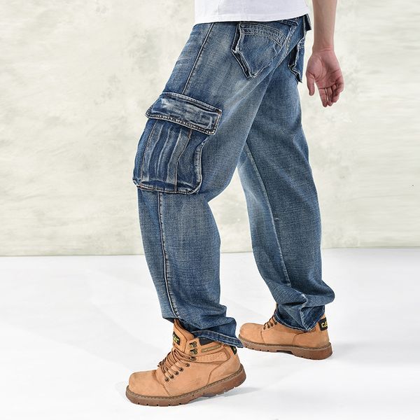 

new 2021 fashion fat men men's jeans hiphop dancers loose big pocket boys skateboarding rap punk pocket plus size jeans, Blue