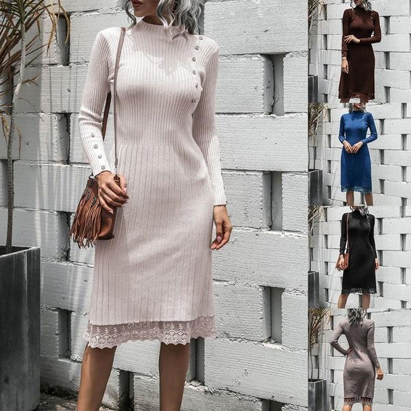 

casual dresses lace stitching buttons ladies autumn/winter sweater dress ribbed slim elastic long sleeve mid-length, Black;gray