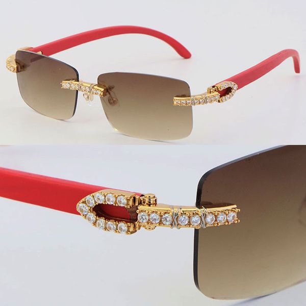 Neues Modell, handgefertigt, 2,6 Karat Diamantbesatz, randlose Damen-Sonnenbrille 8200757, Holzbrille für Herren, berühmte UV400-Linsen-Sonnenbrille, männliche und weibliche Holzbrille, 18 Karat Gold