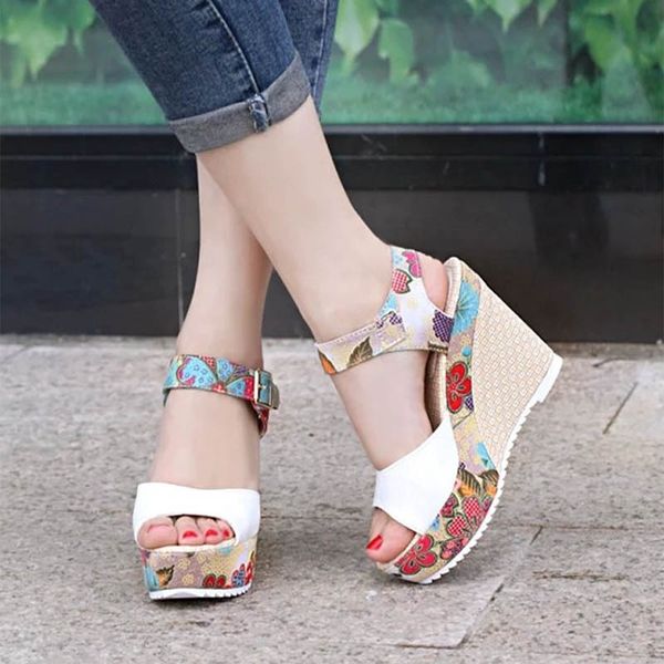 

women high heels sandals summer wedges shoes woman print platform sandal female fashion super high shoes footwear y200405, Black