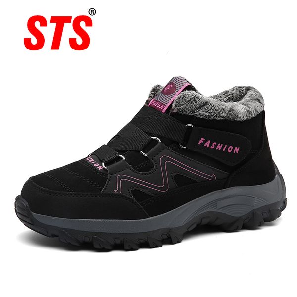 

sts new 2019 women snow boots winter warm push ankle boots women platform female wedge waterproof botas mujer 1026, Black