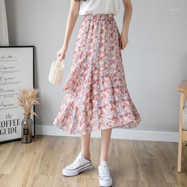 

new 2020 summer chiffon floral skirtwomen elastic high waist side pockets long for women tulle pleated red schoolgirl skirt1, Black