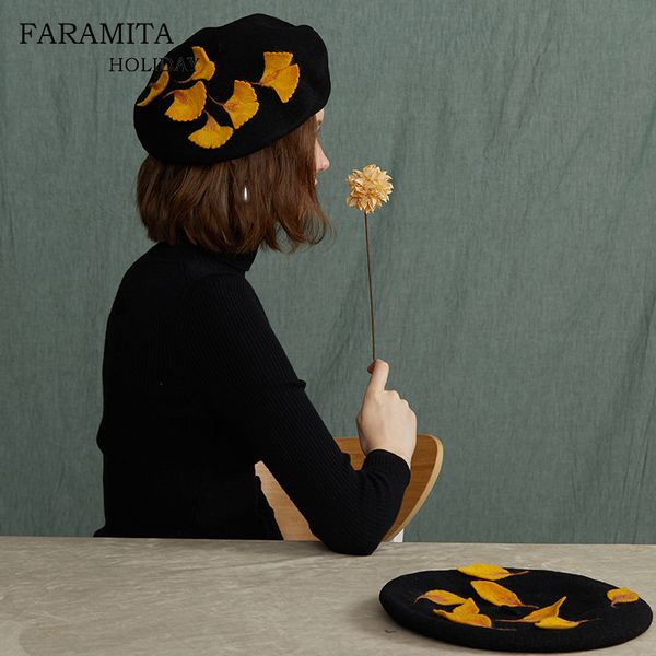 

faramita holiday women girls ginkgo biloba leaves handmade french beret painter hats black berets headwear wool felt caps manual 201026, Blue;gray