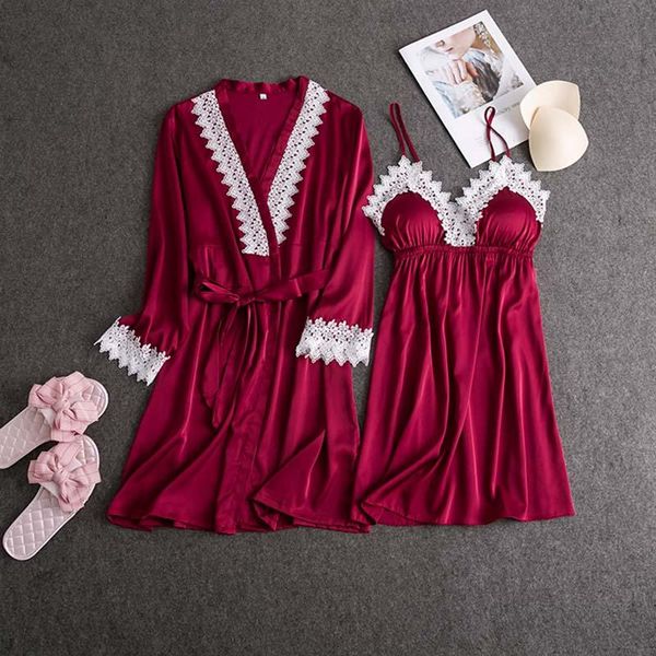 

summer satin rayon nightgown kimono gown 3pcs lace sleep suit bride bridesmaid wedding robe set -xl, Black;red