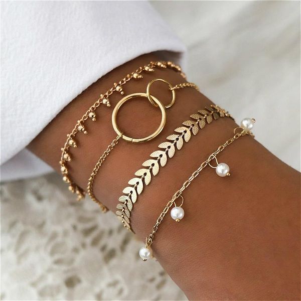 

bohemian bracelets for women vintage gold color chain bracelet jewelry boho geometric circle leaf bead dangle pulseras 4pcs, Golden;silver