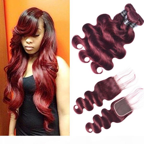 

pre-colored raw brazilian hair body wave bundles with closure 99j red burgundy 3pcs unprocessed human hair weave with closure, Black;brown