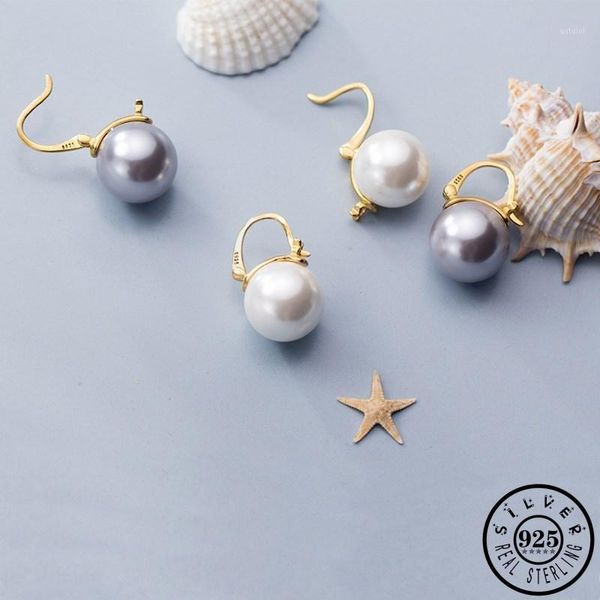 

fashion 925 sterling silver round gray shell pearl earings gold color plated small hoops piercing earrings ear rings for women1, Golden;silver
