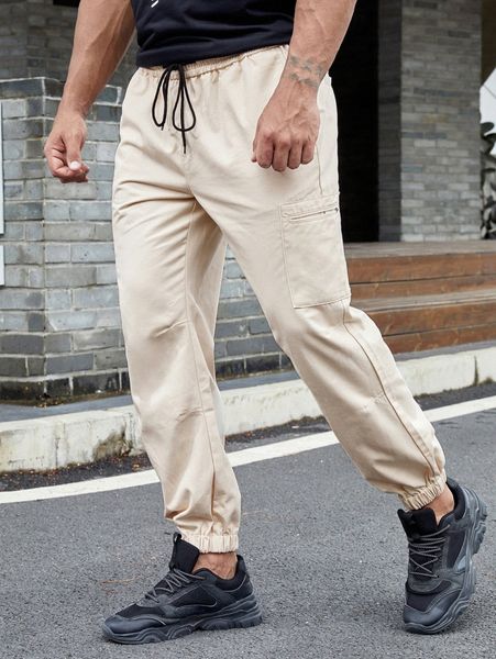 

extended sizes men patched pocket side drawstring waist cargo pants o6nu#, Black
