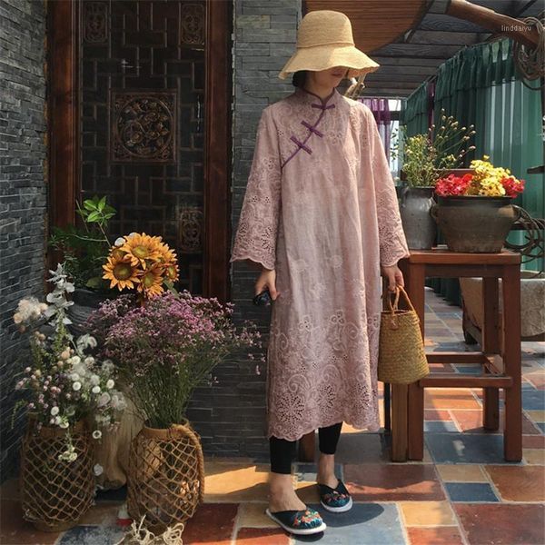 

johnature 2020 new women vintage full sleeve embroidery print dresses summer chinese style stand collar plate buckle dresses1, Black;gray