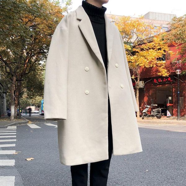 

neploha men's warm long woolen coat 2020 autumn winter new woman solid color casual loose windbreaker men streetwear clothing1, Black