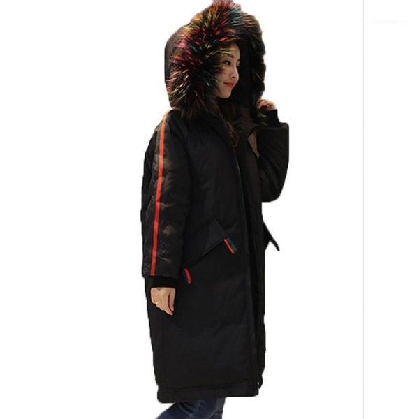 

colourful big hair collar thick outerwear down cotton padded coat female 2018 korean parka casual long winter jacket women a5761, Black