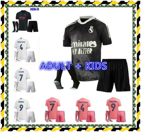 

kids kit 20 21 real madrid soccer jersey 2020 2021 sergio ramos hazard jovic vinicius benzema modric football shirts child unifor, Black;yellow