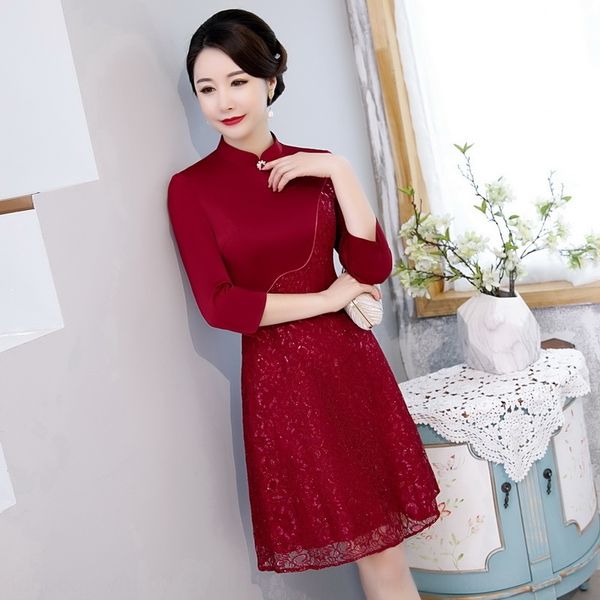 

4jrx4 cheongsam new lace dresslace dresssplicing wine red 2020 bghgb improved slim fitting festive fashion wedding short dress dress, Black;gray