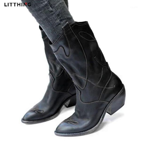 

litthing women western boots winter mid tube knight lady retro rome slip-on low heel leather shoes wide calf cowboy botas mujer1, Black