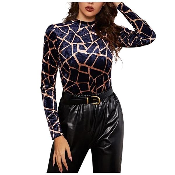 

40# womens and blouses fashion foil print stretch fabric long sleeve temperament bottoming blouse bluzas de mujer 2021, White