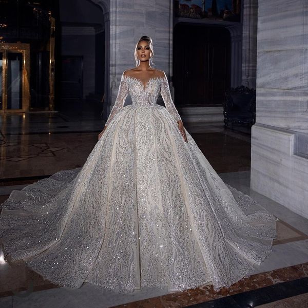 2022 Sparkle Glitter vestidos de noiva vestidos de noiva mangas longas laço lantejoula robe de mariage handmade pescoço vestido de novia