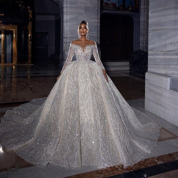 2022 Sparkle Glitter Gelinlik Gelinlikler Uzun Kollu Dantel Pullu Robe De Mariage El Yapımı Sheer Boyun Vestido De Novia