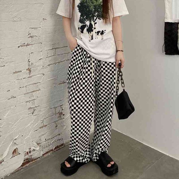

plaid pants women fashion autumn wide leg pant high waist streetwear loose casual straight women trousers, Black;white