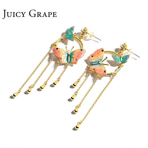 

stud juicy grape 2021 earrings french enamel glazed butterfly long tassels, Golden;silver