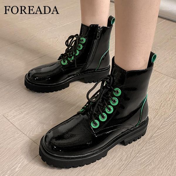 

foreada platform med heel motorcycle boots woman zip chunky heel ankle boots lace up short round toe ladies shoes green 431, Black