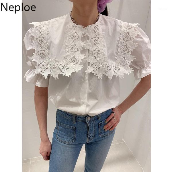 

neploe korean lace patchwork ruffle o neck women blouses short sleeve single breasted blusas mujer de moda 2020 new shirts 4b1231, White