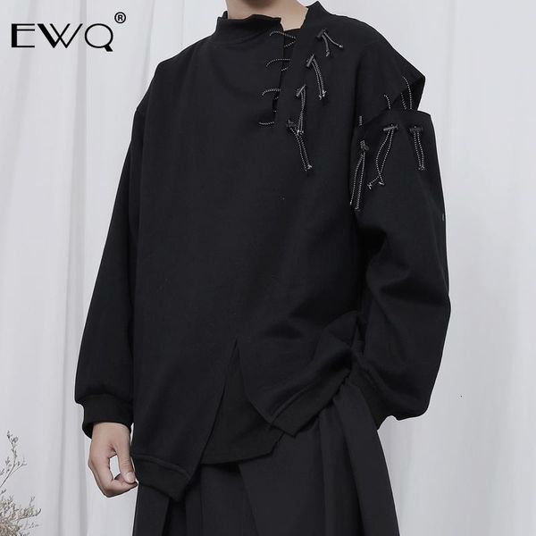 

ewq / 2020 autumn new men's clothing niche design irregular hole bandage sweatshirt loose pullover for male casual 9y257, Black