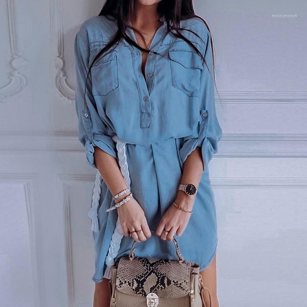 

womens denim dress long sleeve pockets longline shirt dress ladies party button jean dresses casual women dresses vestidos 20191, Black;gray